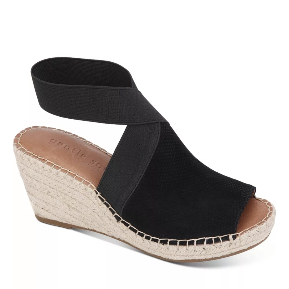 Gentle Souls Colleen Espadrille Wedge Sandals Womens Size 7M Black Suede Shoes